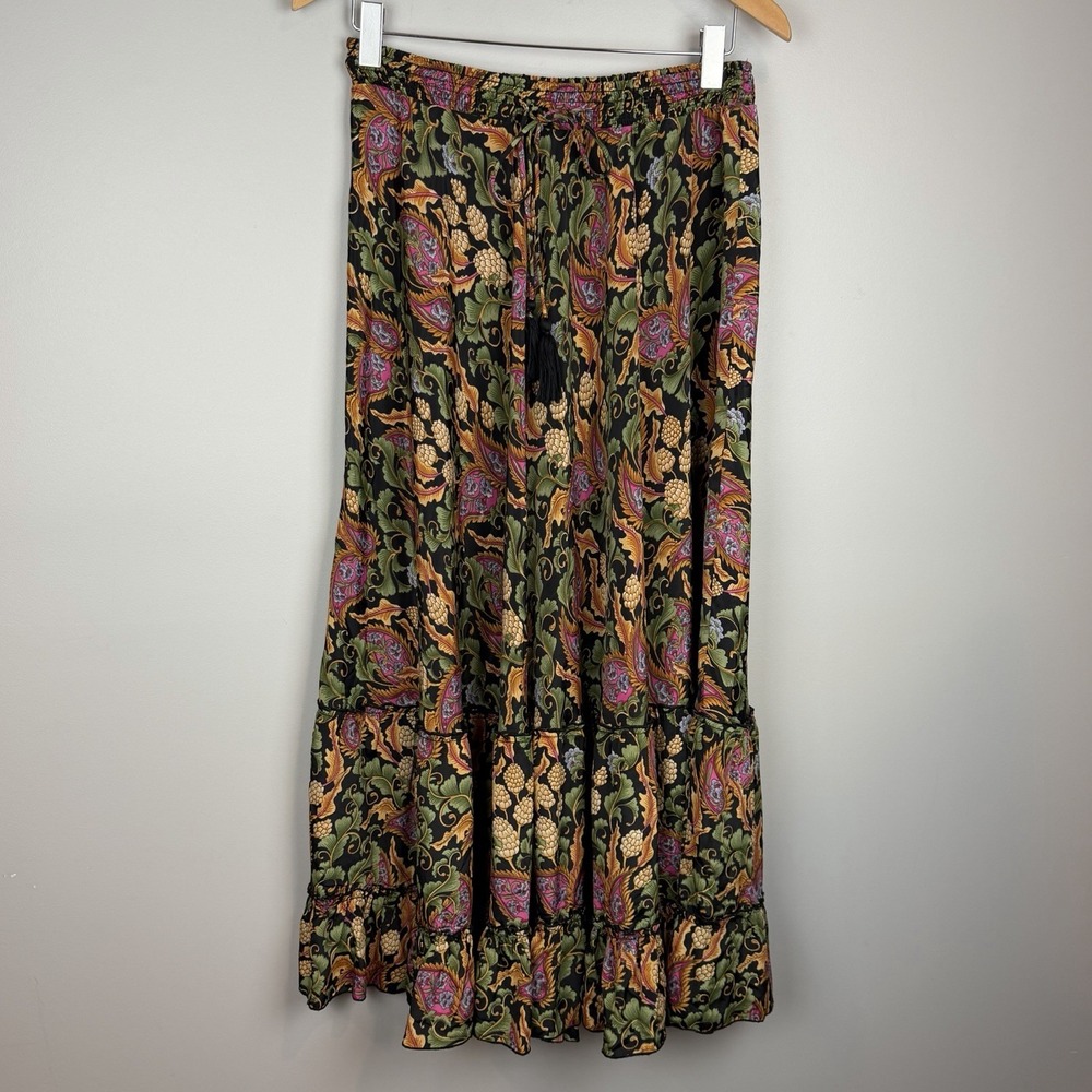 Tahari Paisley Floral Tiered Maxi Skirt Tassel Drawstring Boho Medium
